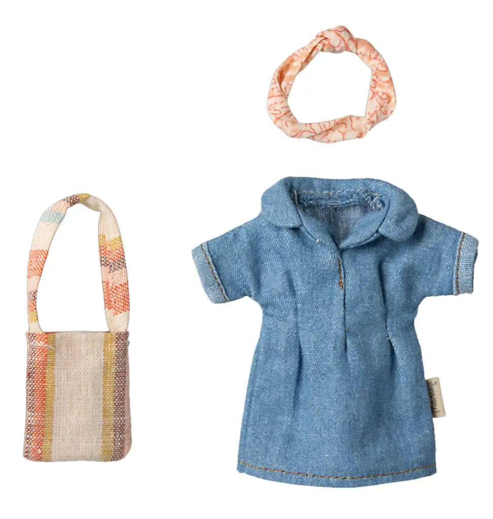 Maileg Bekleidungsset Mutter Maus / Jeanskleid + Tasche + Stirnband- Kleidung Für Die Maileg-mäuse|Puppenhaus Und Mäusehaus
